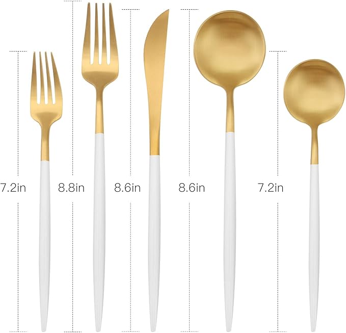 Matte Gold Silverware Set with white handle, Bysta 5-Piece Stainless Steel Flatware Set, Kitchen Utensil Set Service for 1, Tableware Cutlery Set for Home and Restaurant, Satin Finish, Dishwasher Safe