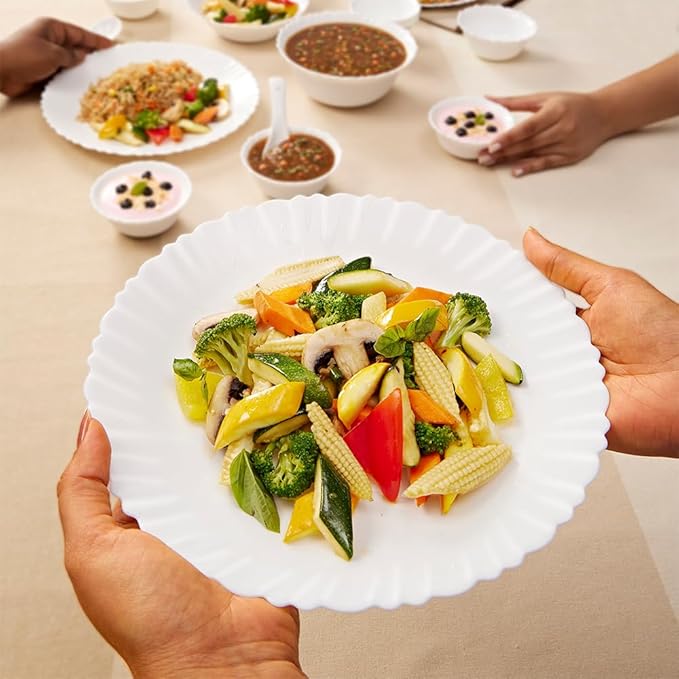 Borosil Gourmet Dinnerware Set For 6, 35 Pieces, White Dinner Plates and Bowls Sets, Chip Resistant Tempered Opal Glass, Stain Resistant, Dishwasher & Microwave Safe Dinner Set For Gifting, Serves 6
