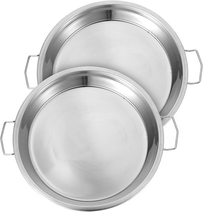 DOITOOL 2Pcs Stainless Steel Steaming Dish Cold Noodle Plate Steamed Rice Tray Round Steaming Tray With Double Handle for Home Kitchen Food Serving
