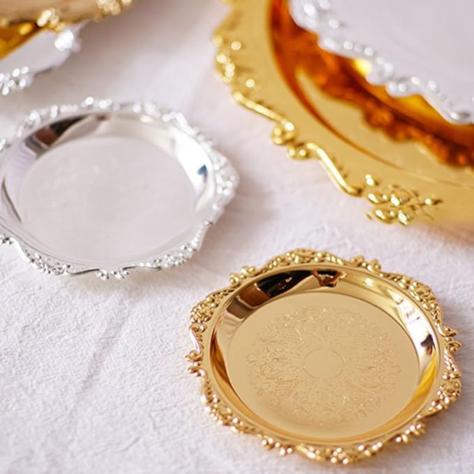 2 Pcs Stainless Steel Food Serving Trays Fruit Plates Dessert Platters Bread Trays Silver and Gold Metal Serving Dishes for Wedding Hotel Party