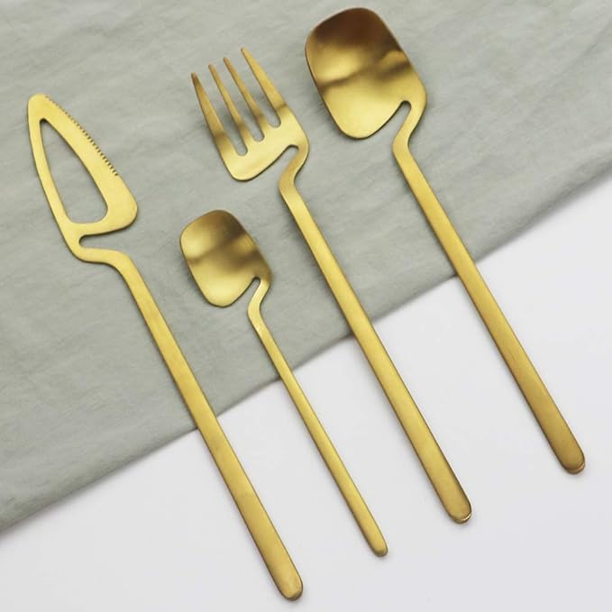 Luxury 18/10 Flatware Gold Silverware Set 304 Stainless Steel Flatware Cutlery Set| 4-Piece Royal Modern Satin Finish| Special Birthday Wedding Gift (Matte Golden)