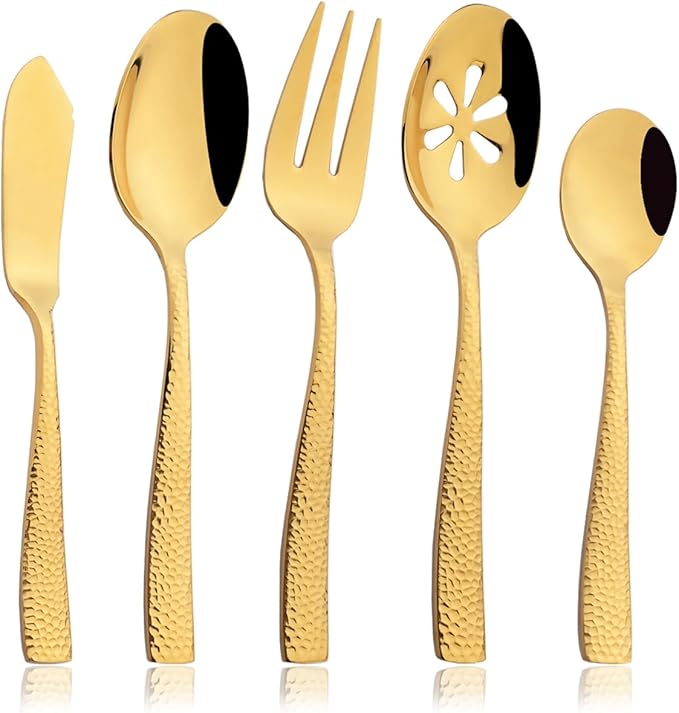 JASHII 5-Piece Gold Hammered Flatware Hostess Set Stainless Steel Serving Fork Slotted Serving Spoon Butter Knife Teaspoon Set for Buffet Party Mirror Polished Dishwasher Safe