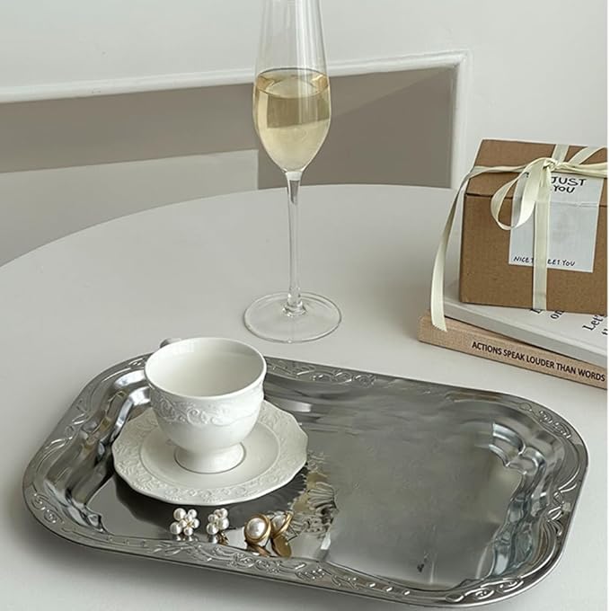 Silver Embossed Cutlery Serving Tray Set Of 3 Pieces Stainless Steel 30cm 35cm 40cm For Wedding Events Parties Large Gatherings Food Display Decorative Elegant