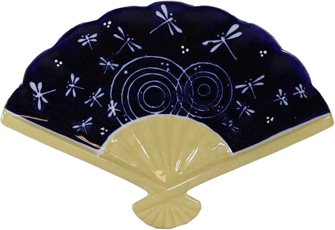 Ebros Pack Of 4 Colorful Oriental Folding Fan Shaped Appetizer Sushi Dessert Serving Dish Plates Decorative Asian Themed Artistic Dinner Lunch Serveware Plate Set (Blue Midnight Ripple Dragonflies)