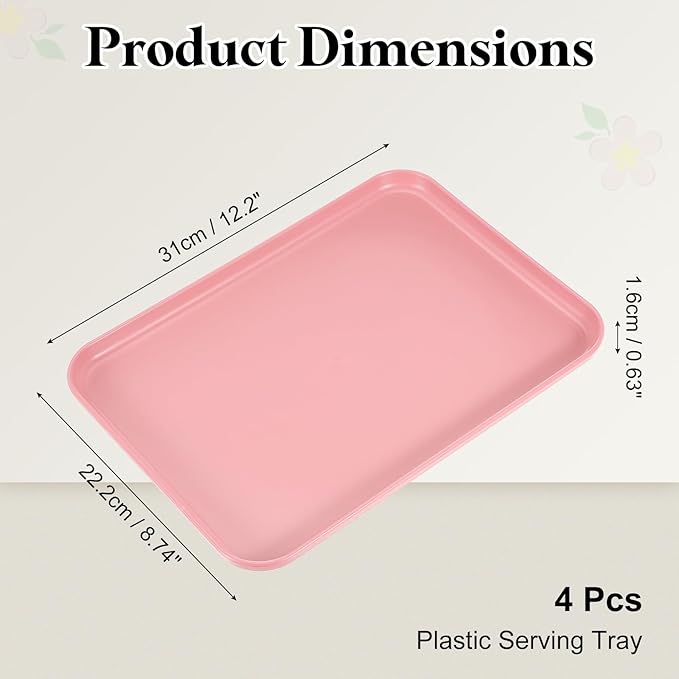 uxcell 4Pcs Plastic Serving Trays, 12.2 x 8.7 Inch Rectangle Food Trays Serving Cafeteria for Kitchen Restaurant Coffee Fruit Burger Lunch Dessert, Pink
