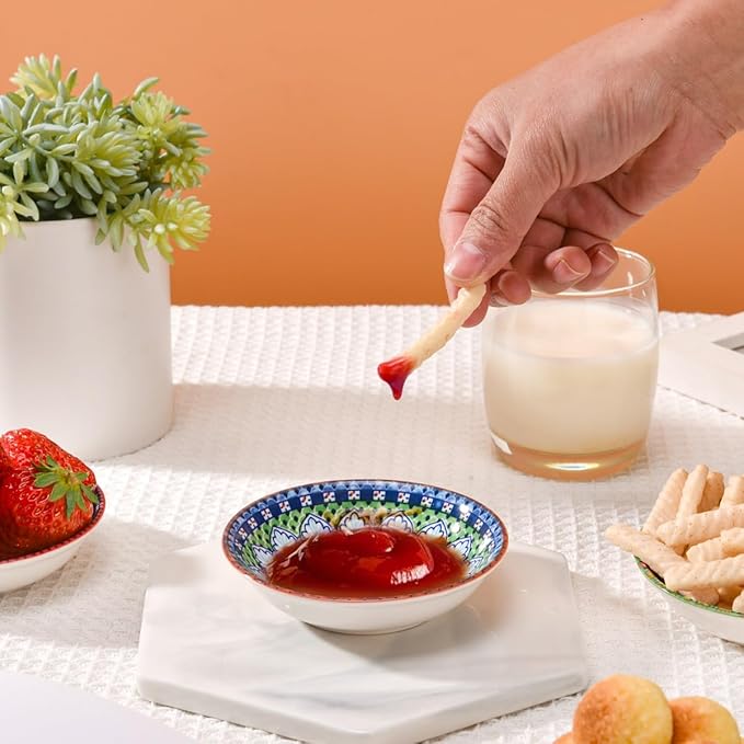 Set of 6 Bohemian Style Small Ceramic Dishes - Ideal for Sauce Cups, Dip Bowls & Appetizer Plates (4 inches, 1)