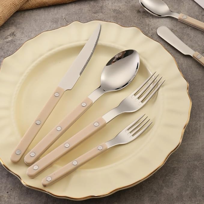 ABS Rivet Handle Marble Pattern Handle Kitchen Stainless Steel Silverware Tableware Flatware Cutlery Knives Forks Spoons Set,Butter Knife Dessert Spoon Fork (5-piece set -4 set,White)