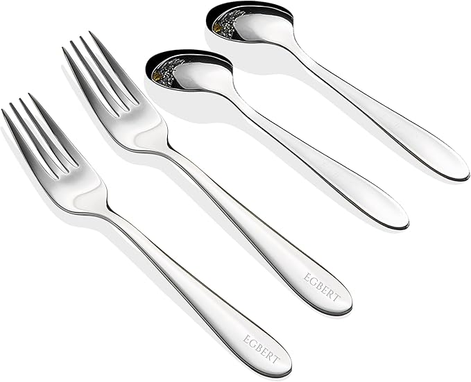 Personalized Dessert Forks and Spoons Silverware Set, 4 Piece Custom Text Engraved Stainless Steel Flatware Cutlery Sets, Mirror Polished Salad Fork and Teaspoon Set