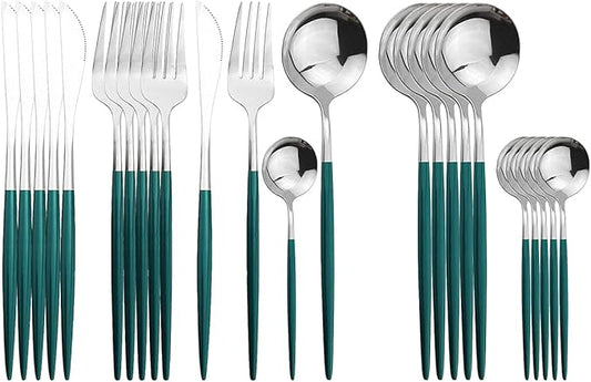 Silver Silverware Set, 24-Piece Stainless Steel Flatware Set Service For 6, Mirror Polished Green Handle Tableware Cutlery Set Knife Fork And Spoon For Home & Restaurant, Dishwasher Safe