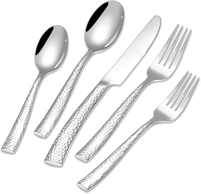 EUIRIO 40-Piece Hammered Silverware Set, Stainless Steel Flatware Set for 8, Mirror Finish Cutlery Utensils Set for Home Hotel, Include Forks Spoons and Knives Set, Dishwasher Safe