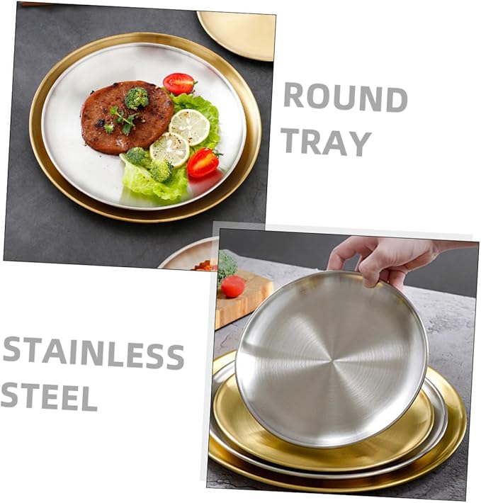 GLEAVI 1pc Thickened Round Plate Stainless Steel Serving Tray Fruit Tray Lid Non-Slip Design Modern Kitchen Accessory