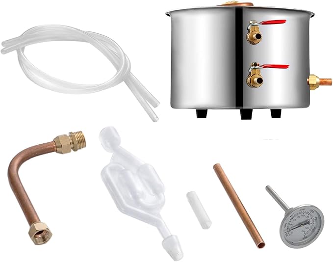 Stainless Distiller, 6 L (1.6 Gal) Capacity, Complete Kit with Thermometer - For Water & Steam/Essential Oil Distillation (External Heat Source) (1.6 Gal (6L))