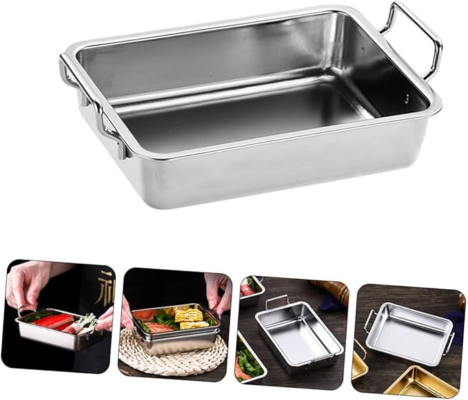 VOSAREA 1Pc Stainless Steel Food Tray with Handles Smooth Surface Snack Holder for Barbecue Fruits and Snacks Practical Silver Platter for Easy Serving