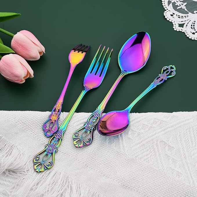 Rainbow Flatware Set For 4, 20 Pieces 18/0 Stainless Steel Silverware Set, Cutlery Utensils Set Include Knives/Forks/Spoons, Antique Baroque Style & Luxury Mirror Polished