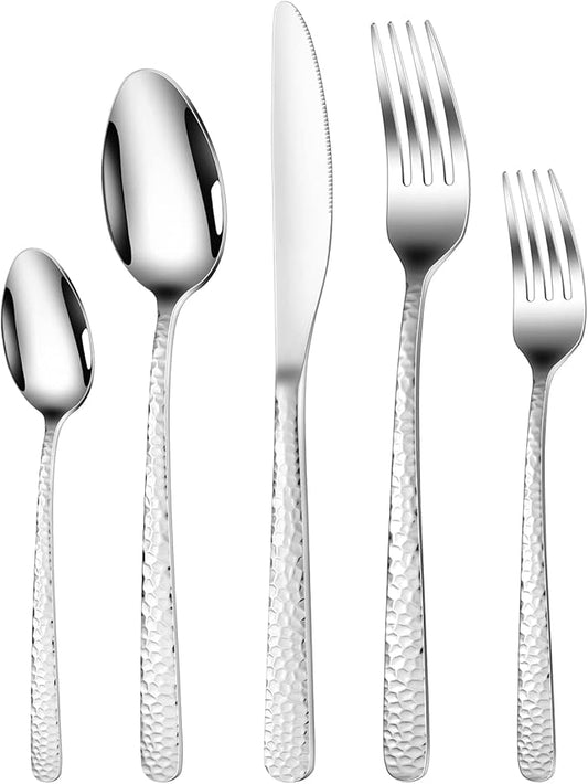 Hammered Silverware Set, 30 Pieces Flatware Set Service for 6, Premium Stainless Steel Mirror Polished Cutlery Utensil Set Include Fork Knife Spoon Set, for Home and Restaurant, Dishwasher Safe