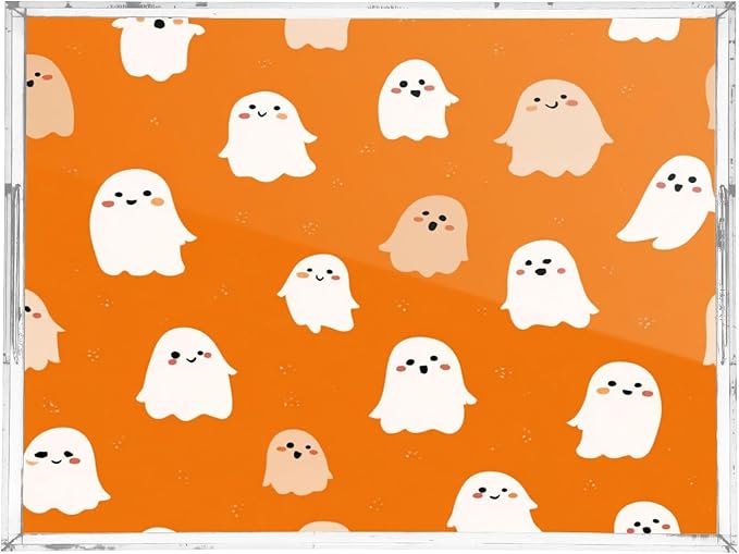 Serving Tray with Handles Clear Acrylic Tray 12x16 Inch Decorative Rectangular Tray Organizer for Ottoman Coffee Table Bathroom Halloween Ghosts Orange