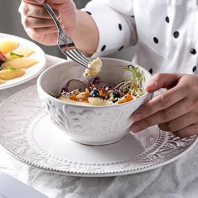 ☆Ceramic Dinnerware Set, 14 PCS Plates Set, Dishes Set, White Underglaze Dinner Sets - Retro Embossed Dinner Plate Soup Plate with Floral Pattern for Family Party, Service for 4,White, size