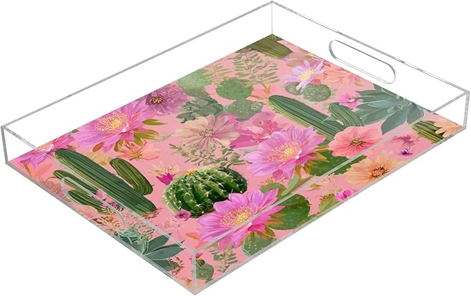 Serving Tray with Handles Clear Acrylic Tray 12x16 Inch Decorative Rectangular Tray Organizer for Ottoman Coffee Table Bathroom Cacti Succulents and Bright Pink Flowers