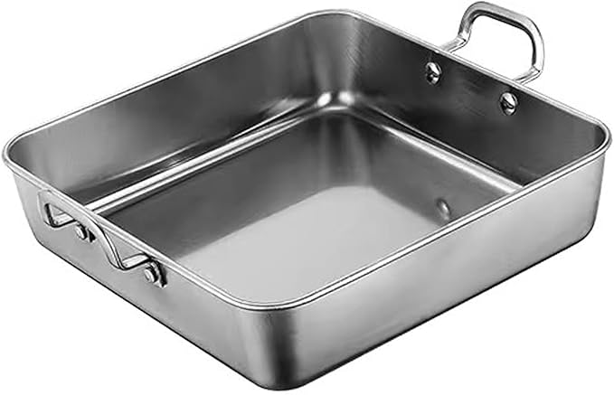 Generic Snack Tray Fries Plate with Handles Square Stainless Steel Serving Tray Baking Tray for Meat Roasting Turkey Roasting Chicken, Silver, 25x25cm