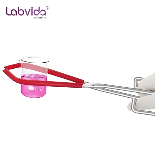 Labs Beaker Tongs, Red Rubber Coated Ends, Nickel Plated 1/4" Steel, for 50mL - 2000mL Capacity, Durable Beaker Clip Pliers Tool Used in Laboratories and Household