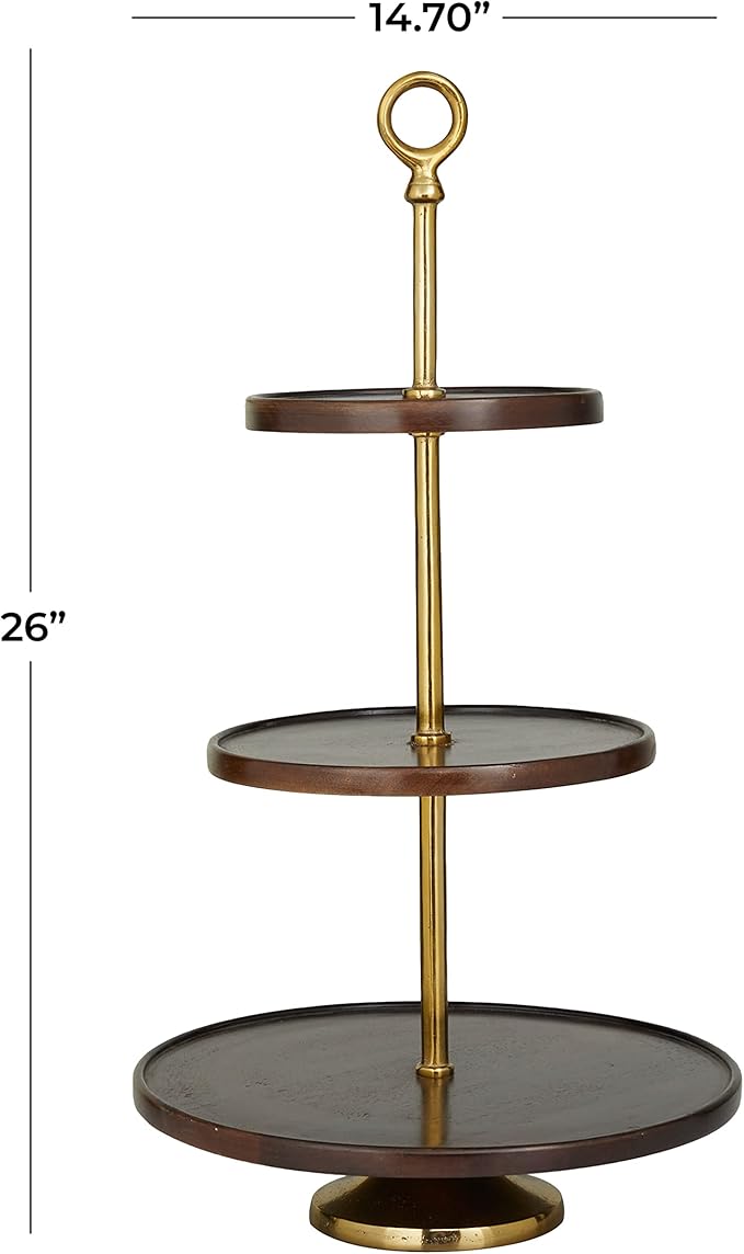 Deco 79 Mango Wood 3 Level Tiered Server with Gold Stand, 15" x 14" x 26", Dark Brown