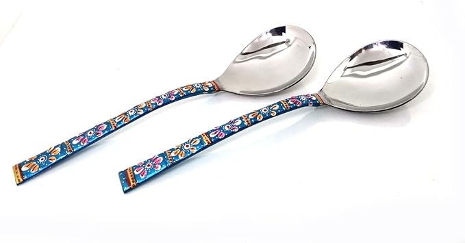Rastogi Handicrafts Copper Bamboo Hand Painted Meena Work Dinnerware flatware serving spoon utensils Set Of Two (Terquaise)