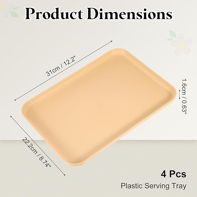 uxcell 4Pcs Plastic Serving Trays, 12.2 x 8.7 Inch Rectangle Food Trays Serving Cafeteria for Kitchen Restaurant Coffee Fruit Burger Lunch Dessert, Yellow