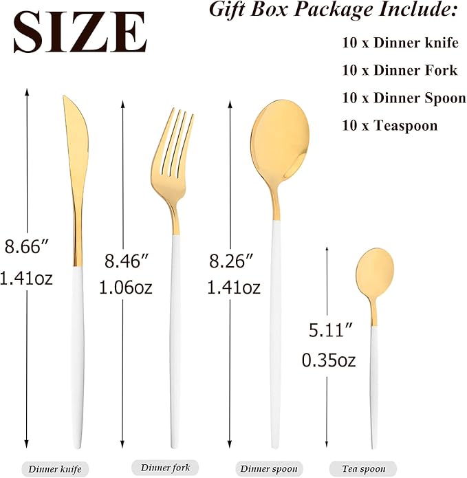 40 Pcs Silverware Set With Teaspoon For 10, Food Grade Stainless Steel Utensils Tableware Set, Elegant & Simple Flatware Serving Set Include Knife Fork Spoon, Mirror (White Gold)