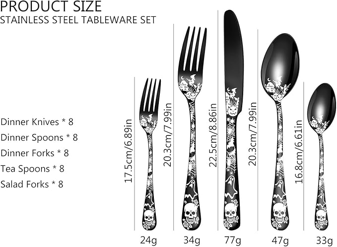 XIAOYU 40-Piece Halloween Themed Skeleton Silverware Set, Metal Flatware Set Serving for 8, Gothic Unique Skeleton Pattern Design, Durable Cutlery Set for Halloween Easter Christmas, Gold