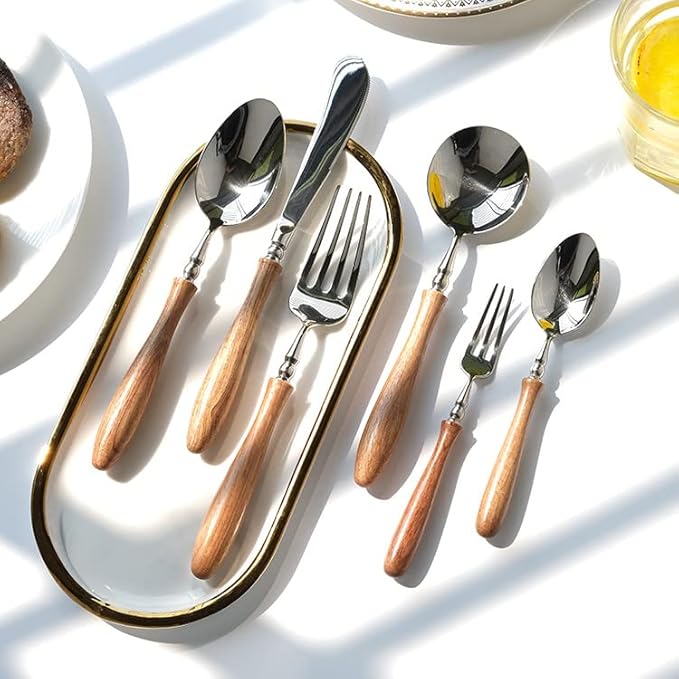 4 Pcs Dinner Knife with Wood Handle, 304 Stainless Steel Table Knives, Silverware Cutlery Dessert Spreader Knives, Mirror Polished, 8.58 Inch (Silver & Wood Grain)