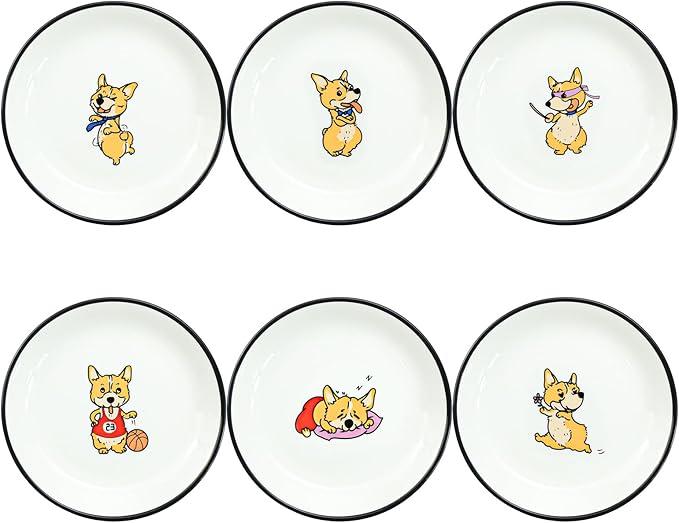 Cute Cartoon Animals Pattern Ceramic Sauce Dishes, Seasoning Dishes, Sushi Soy Dipping Bowls, Appetizer Plates, Dessert Plates, Little Cat Bird Feeding Bowls, Set of 6-Cute Corgi-5 Inch