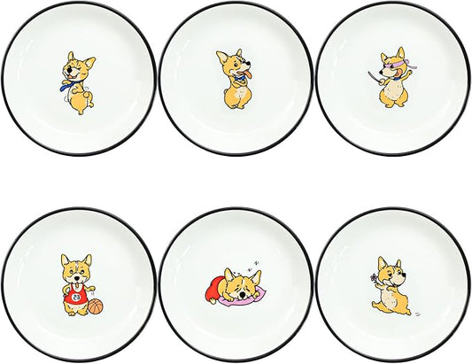 Cute Cartoon Animals Pattern Ceramic Sauce Dishes, Seasoning Dishes, Sushi Soy Dipping Bowls, Appetizer Plates, Dessert Plates, Little Cat Bird Feeding Bowls, Set of 6-Cute Corgi-5 Inch