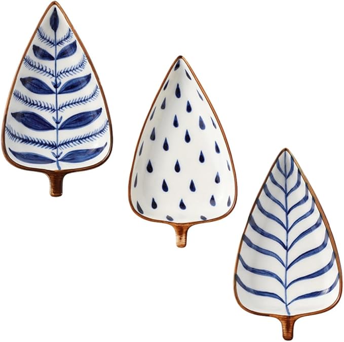 Happyyami 3pcs Ceramic Snack Plates Set, Hand-painted Japanese Style Appetizer Dishes with Leaf and Watergrass Patterns, Small Serving Trays for Sauce, Fruit, and Dessert Random Color