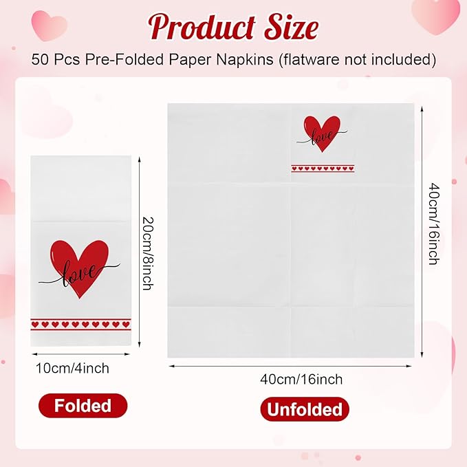 50 Pack Linen-Feel Paper Napkins with Built-in Flatware Pocket, Prefolded Cloth Like Disposable Dinner Napkins Pocket for Kitchen Wedding Bridal Shower Birthday Party Decor (Valentine Love)