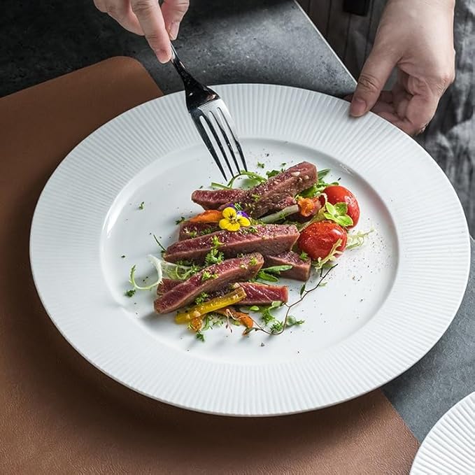 Kitchen Plates 7-inch Ceramic White Simple Creative Embossed Striped Appetizer Plate Restaurant Steak Dessert Tableware Restaurant Plates(8.5 in)