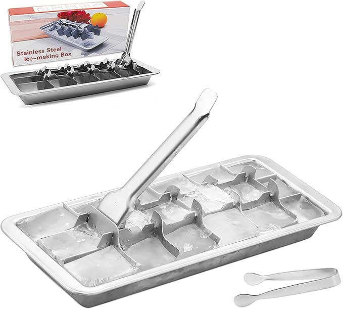 Stainless Steel Ice Cube Trays with Tweezers, Easy-Release Lever Handle, Durable Metal Ice Cube Trays for Freezer, Ideal for Whiskey, Cocktails & Drinks (1 Pack)