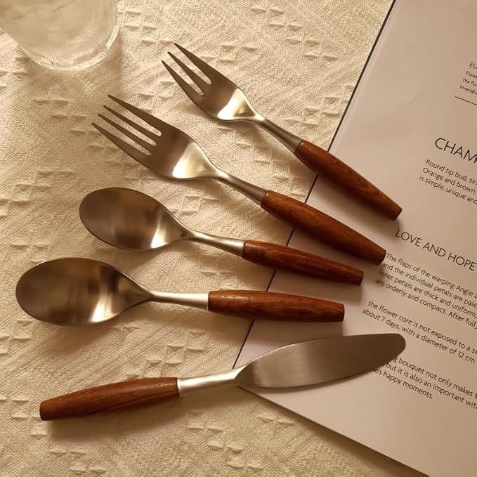 Silverware Flatware Cutlery Set, 5/20/30/40 Pieces Wooden Handle 304 Stainless Steel Table Knives, Forks And Spoons, Home Tableware, Restaurant Tableware(30 Pieces for 6)