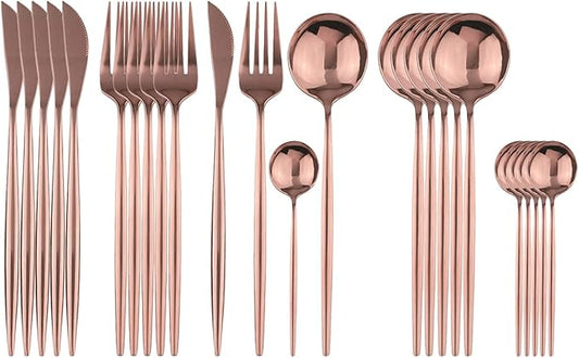 Rose Silverware Set, 24-Piece Stainless Steel Flatware Set Service For 6, Mirror Polished Tableware Cutlery Set Knife Fork And Spoon For Home & Restaurant, Dishwasher Safe (Copper)