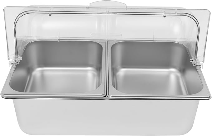 2 Pans Countertop Food Serving Display Container, Stainless Steel Flip-Top Fruit Tray with Clear Roll Top Cover, Buffet Chilled Condiment Container for Restaurant Hotel Kitchen