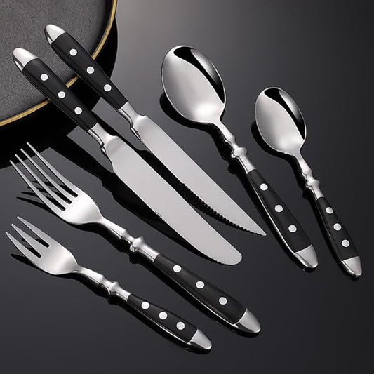 Rivet Handles Black Silverware Set Flatware Set for 4 Utensil Sets Forks Spoons And Knives Set Ergonomic Durable Polished Thanksgiving Christmas Essentials Family Gatherings Brand Packaging 24PCS