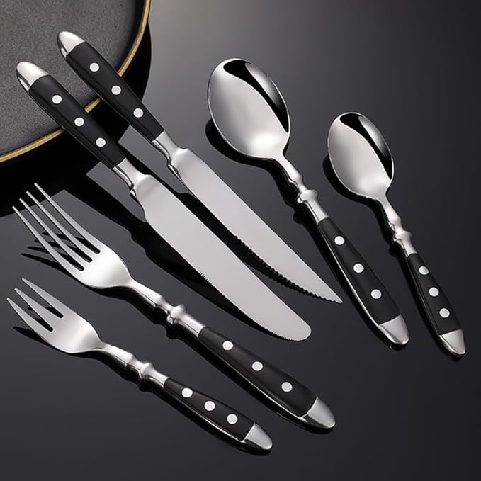 Rivet Handles Black Silverware Set Flatware Set for 14 Utensil Sets Forks Spoons And Knives Set Ergonomic Durable Polished Thanksgiving Christmas Essentials Family Gatherings Brand Packaging 84PCS