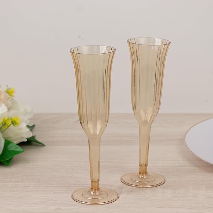 TCF Linen 12 Pack Amber Gold Plastic Champagne Flutes, 6oz Flared Disposable Glasses Elegant Reusable Look Shatterproof Stemware for Weddings Parties Catering Toasts