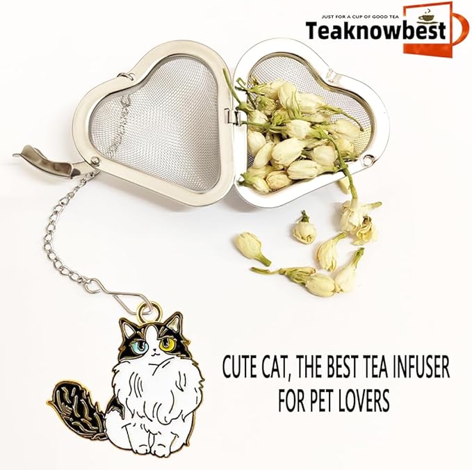 Tea infusers, loose tea strainer, Heart shaped tea ball + cute animal pendant, reusable tea steeper makes afternoon tea meaningful (2, cute cat)