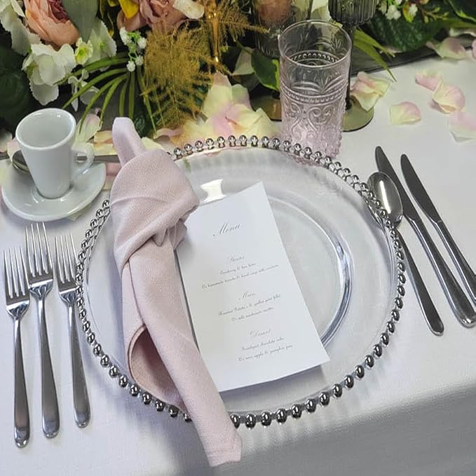 13" Charger Plates - Set of 12 - Silver Round Acrylic Disposable Chargers with Beaded Rim, Ideal for Dinner Party Wedding Bulk Events