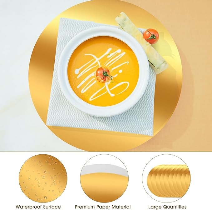 KesaPlan 100PCS Round Gold Placemats, 13" Disposable Paper Placemats for Dining Table, Mirrored Gold Charger Place Mat for Kitchen Banquet Table Setting Wedding Birthday Dinner Party Decor