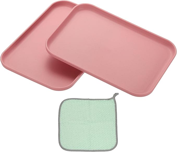 PATIKIL 9.5x6.9 Plastic Tray, 2 Pack Rectangular Plates Small Food Tray Wheat Plates Dishes Reusable Dessert Plate Trays with Cloth for Cake Fruits Salad Cupcake Steak Serving Pink