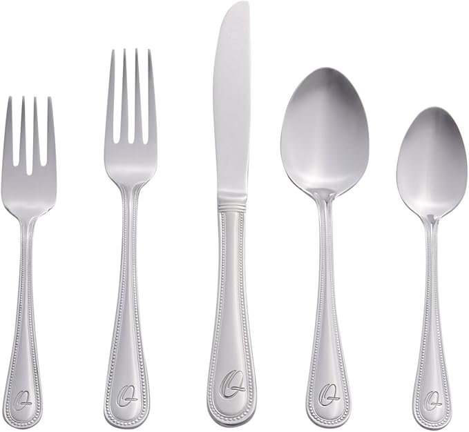 RiverRidge Monogrammed Beaded Flatware Set - Q - 46-Piece Silverware with Custom Letter Stamp, 18/0 Stainless Steel Utensils Set for Daily Use & Special Occasions - Dishwasher Safe, Versatile Design