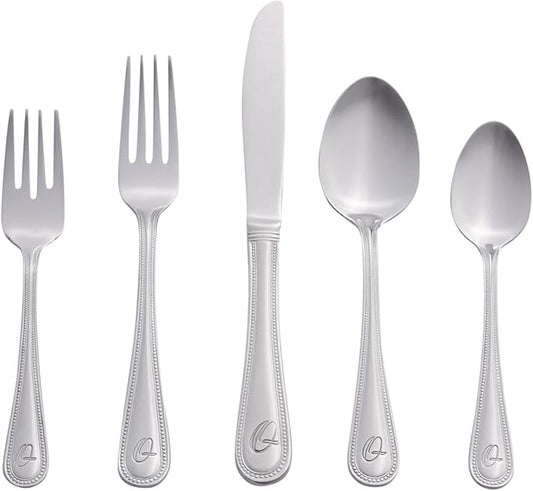 RiverRidge Monogrammed Beaded Flatware Set - Q - 46-Piece Silverware with Custom Letter Stamp, 18/0 Stainless Steel Utensils Set for Daily Use & Special Occasions - Dishwasher Safe, Versatile Design