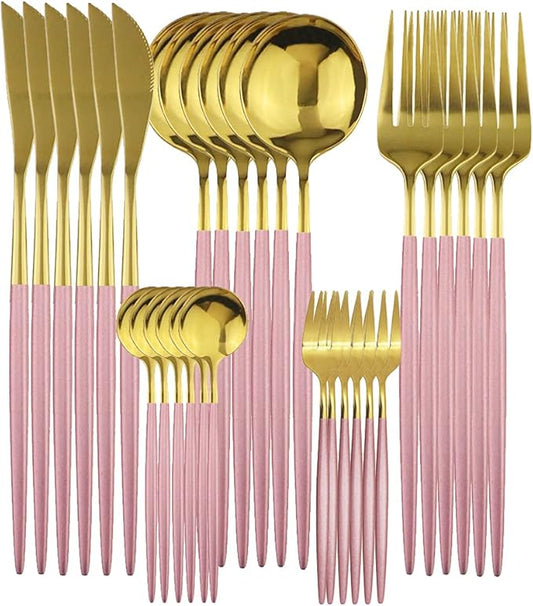 Gugrida 30 Pic Stainless Steel Flatware Sets, Kitchen Utensil Set Service for 6, Tableware sets Include Knife Fork Spoon Dishwasher for SafeService (Pink Gold, 30 Piece)
