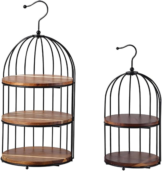 8.2-inch by 18.5-inch and a 6.5-inch by 13.5-inch 3-Layer Acacia Wood 2-Layer Acacia Wood Birdcage-Shaped Dessert Serving Tray Display Stand, Suitable for Decoration of Wedding Reception Tables